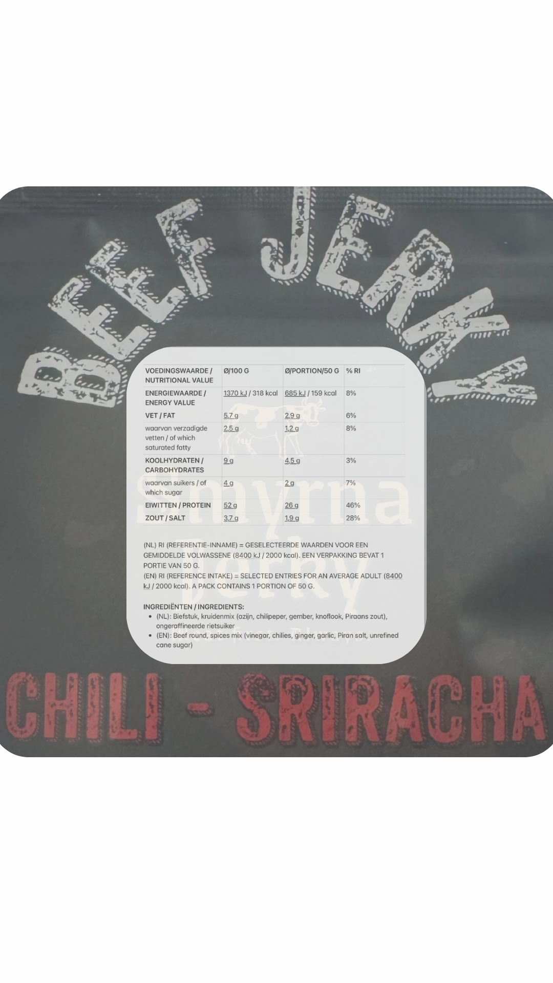 Beef Jerky Chili-Sriracha – 100% Beef – Hoog in Protein – Protein Snack – 50g