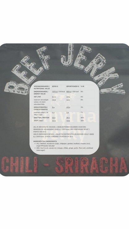 Beef Jerky Chili-Sriracha – 100% Beef – Hoog in Protein – Protein Snack – 50g