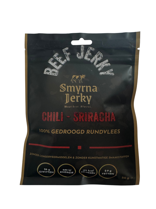 Beef Jerky Chili-Sriracha – 100% Rundvlees – Proteine Snack – 50g