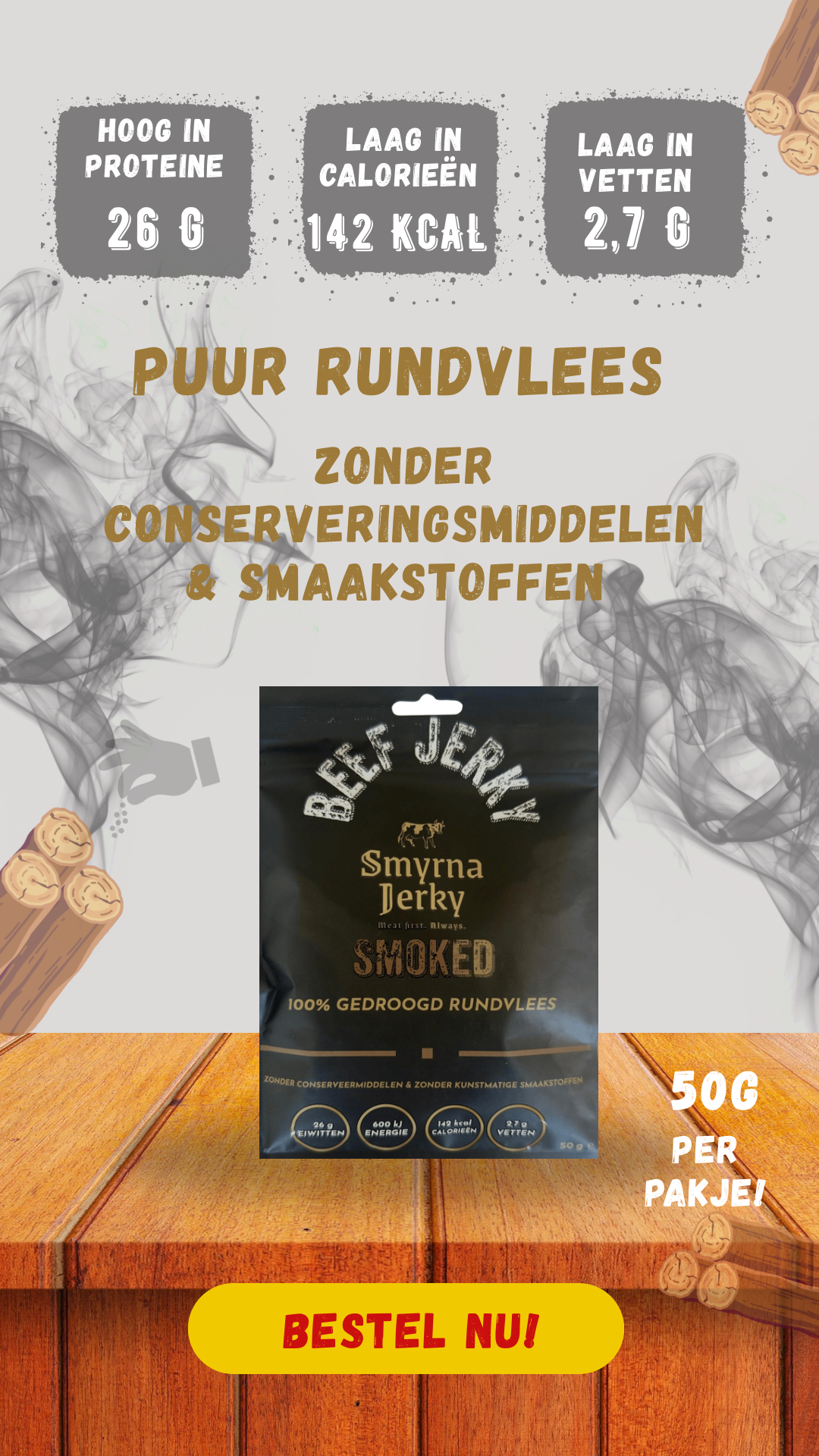Beef Jerky Smoked – 100% Beef – High in Protein – Proteïn Snack – 50g